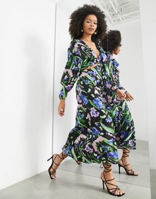 ASOS EDITION satin maxi dress with cut out detail in painted floral print - ASOS Price Checker