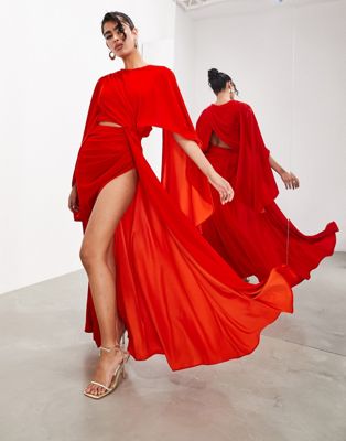 ASOS EDITION velvet volume flare sleeve grecian cut out maxi dress in red - ASOS Price Checker