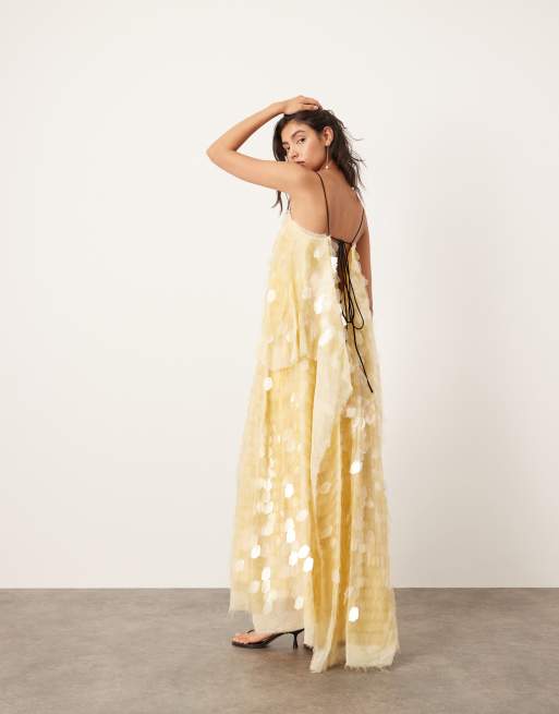 ASOS EDITION - Robe longue superposée à sequins et fines bretelles - Jaune pastel, 2 de 4