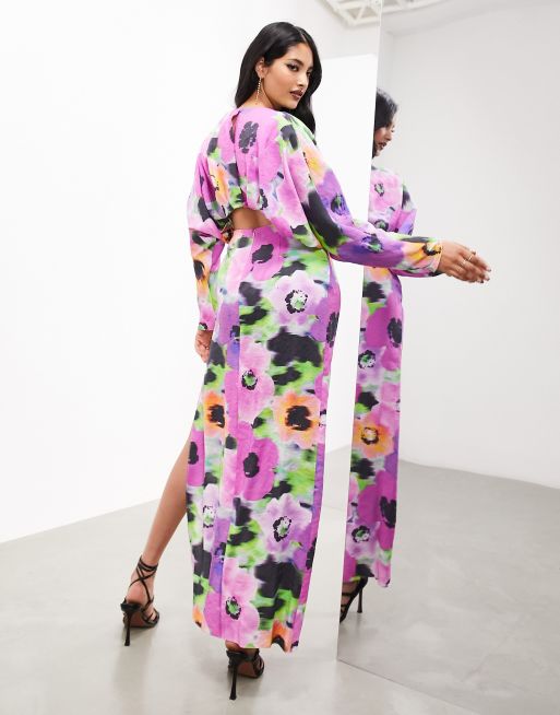 ASOS EDITION - Robe longueur mollet à manches longues avec découpes - Violet fleuri, 3 de 4