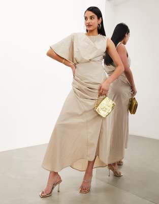 ASOS EDITION - Robe longueur mollet asymétrique avec détails froncés - Beige délavé-Neutral
