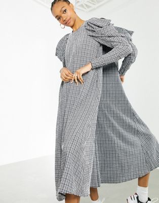 Robes de soirée EDITION - Robe mi-longue à carreaux en crépon de coton avec manches bouffantes - Noir et blanc