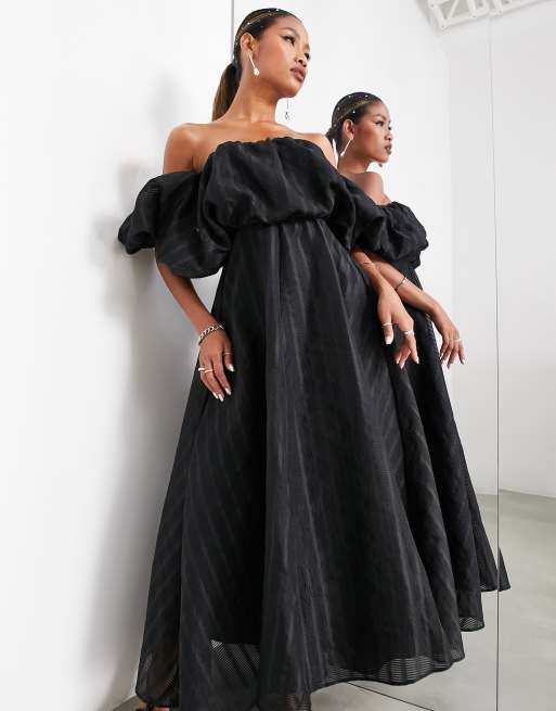 ASOS EDITION Robe mi longue paules d nud es et manches bouffantes Noir