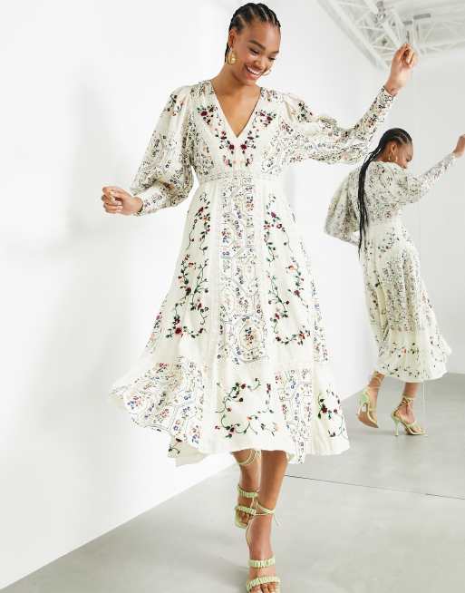 ASOS EDITION Robe mi longue fleurs brod es avec empi cements en dentelle