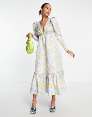ASOS EDITION - Robe mi-longue à fleurs en jacquard avec buste plissé-Multicolore