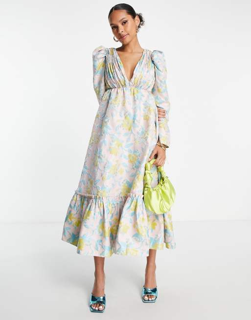 ASOS EDITION - Robe mi-longue à fleurs en jacquard avec buste plissé, 4 de 4