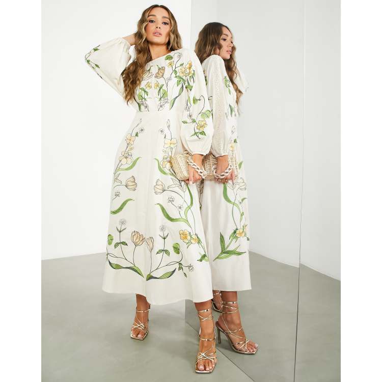 ASOS EDITION Robe mi longue grandes fleurs et feuilles brod es Cr me