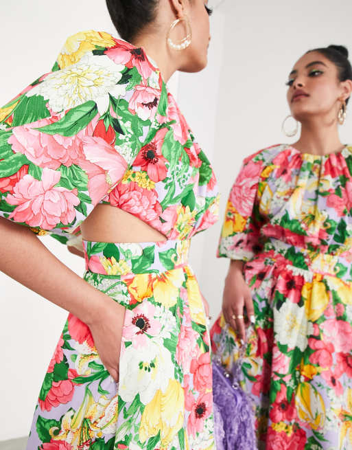 ASOS EDITION - Robe mi-longue à manches bouffantes avec découpe au dos et imprimé fleurs - Rose , 2 de 4