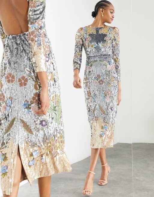ASOS EDITION - Robe mi-longue à sequins et motif floral