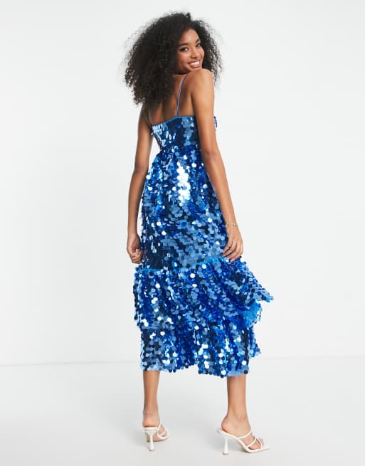 ASOS EDITION - Robe mi-longue à sequins, volants étagés et fines bretelles - Bleu, 3 de 4