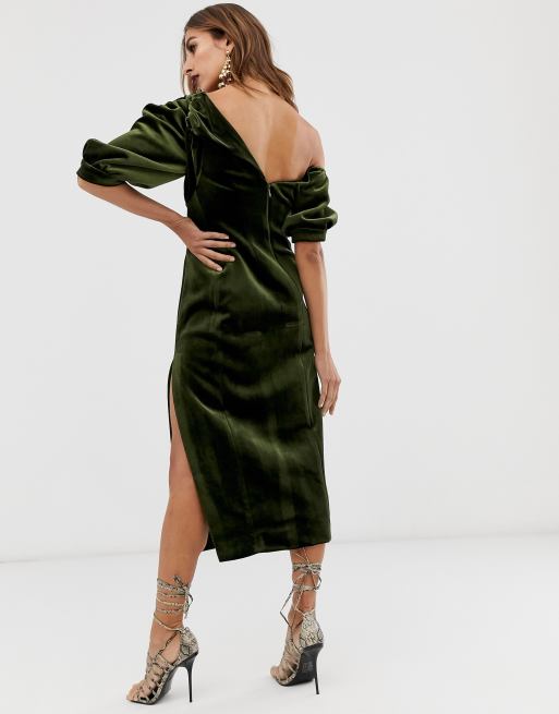 ASOS EDITION Robe mi longue asym trique en velours manches bouffantes