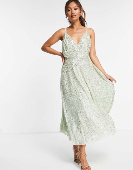 ASOS EDITION Robe mi longue avec bretelles ornements Vert sauge