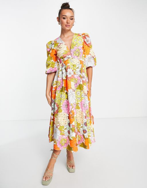 ASOS EDITION Robe mi longue boutonnee sur le devant en serge de coton Rouge fleuri