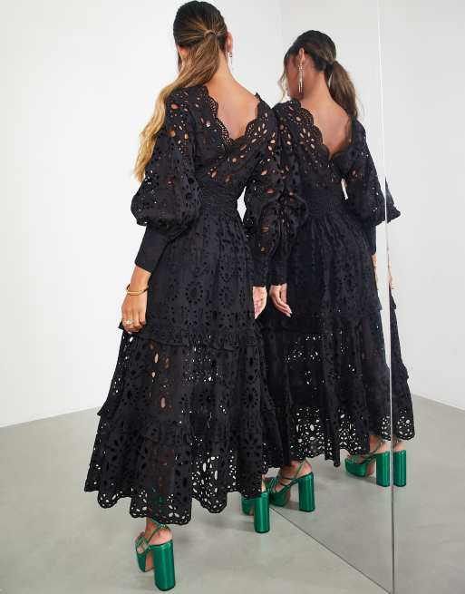 ASOS Edition - Robe mi-longue brodée à encolure en V et manches bouffantes - Noir, 3 de 4