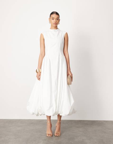 ASOS EDITION - Robe mi-longue coupe boule à col montant et taille tombante - Blanc - view 1