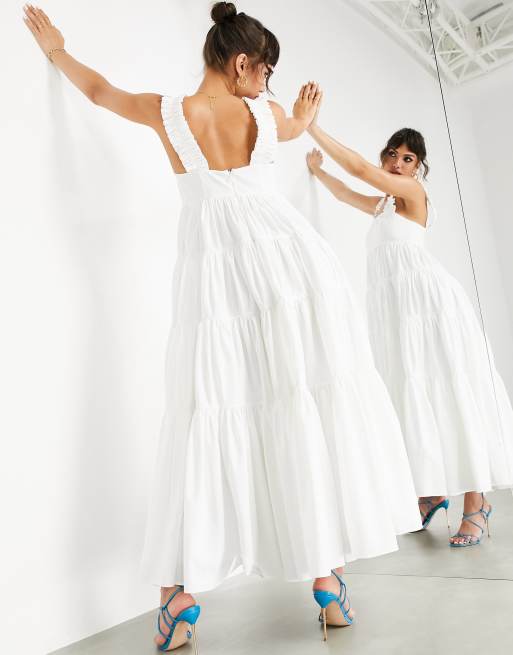 ASOS EDITION - Robe mi-longue coupe trapèze à étages et bretelles à volants - Blanc, 2 de 4