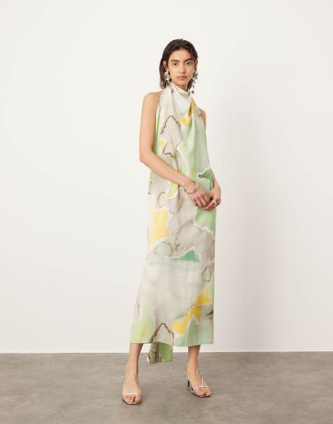 ASOS EDITION - Robe mi-longue dos nu avec détail drapé - Imprimé marbré - view 1
