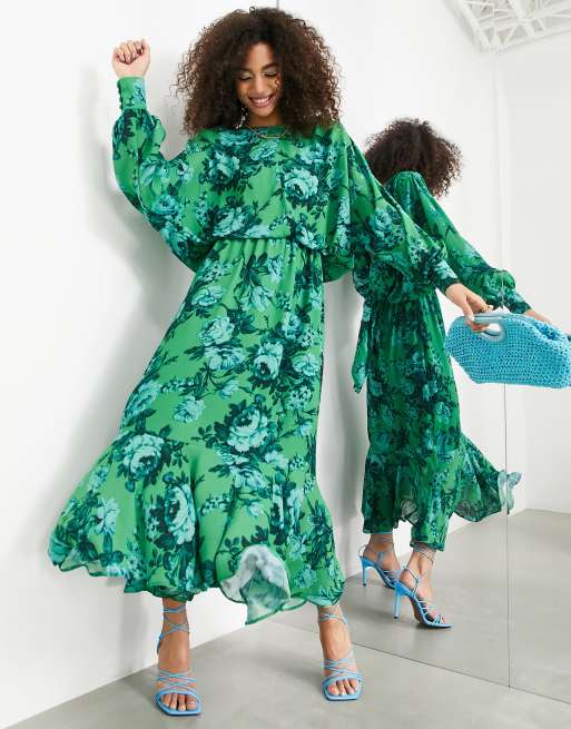 ASOS EDITION - Robe mi-longue drapée avec nœud au dos et imprimé floral