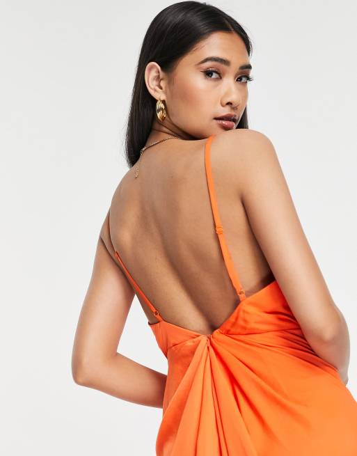 ASOS EDITION Robe mi longue drap e sur le c t en satin bretelles fines Orange