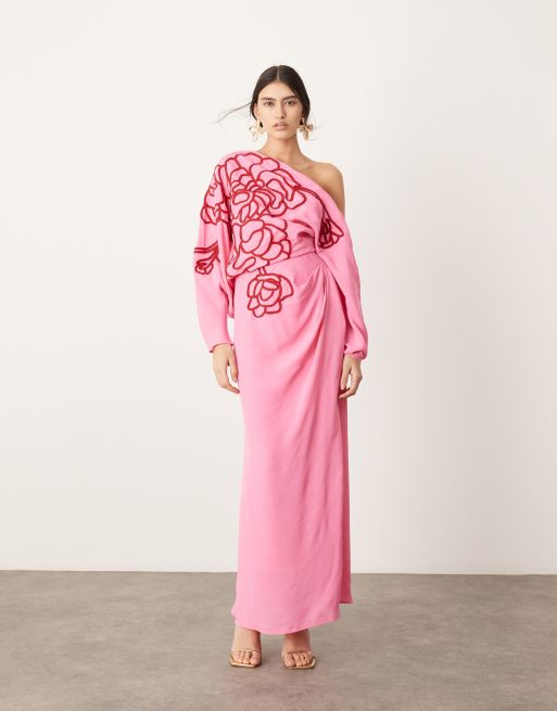 FhyzicsShops EDITION - Robe mi-longue effet drapé avec épaule large et fleurs détourées brodées - Rose