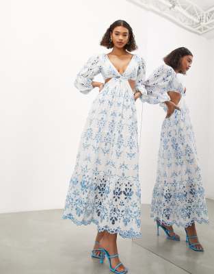 ASOS EDITION - Robe mi-longue en broderie anglaise à motif fleuri avec manches longues et découpe - Bleu | ASOS