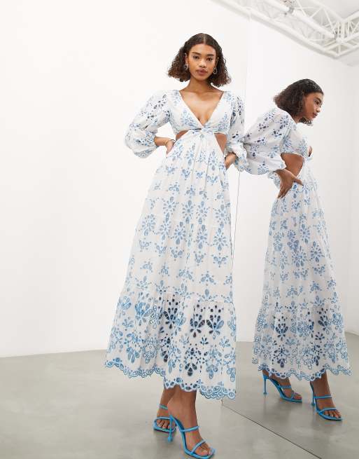 ASOS EDITION Robe mi longue en broderie anglaise motif fleuri avec manches longues et d coupe Bleu