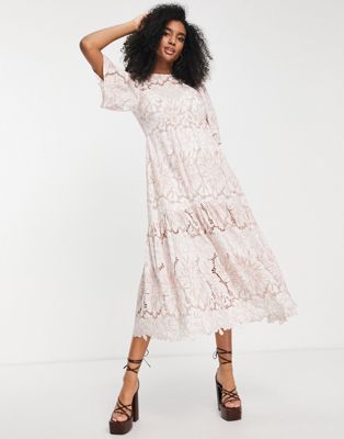 ASOS EDITION floral broderie tiered midi dress with contrast stitch in blush - ASOS Price Checker