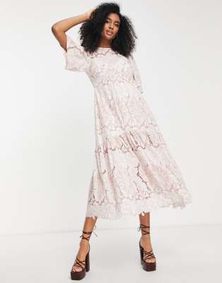 ASOS EDITION floral broderie tiered midi dress with contrast stitch in blush - ASOS Price Checker
