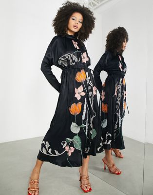 ASOS EDITION floral embroidered satin midi dress with drawstring channel in black - ASOS Price Checker