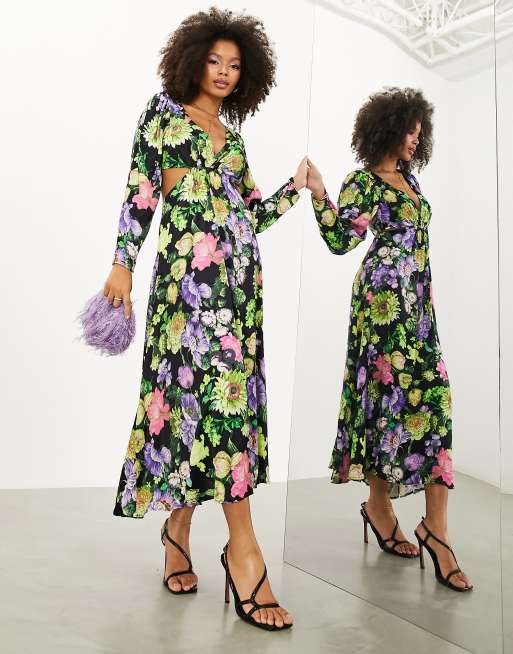 ASOS EDITION Robe mi longue en satin imprime fleuri avec decoupe au dos Multicolore ASOS