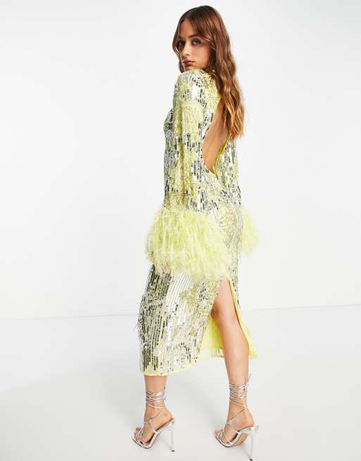 ASOS EDITION Robe mi longue fleurie a perles et sequins et ourlet a plumes synthetiques Citron