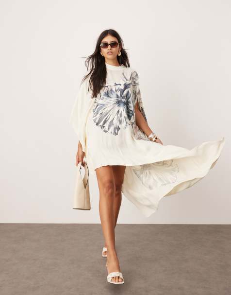 ASOS EDITION - Robe mi-longue oversize à fleurs brodées avec col montant et ourlet asymétrique - Blanc - view 1