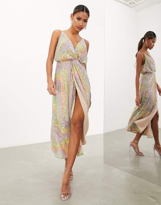 ASOS EDITION Robe mi longue torsad e devant bretelles avec sequins et imprim pastel