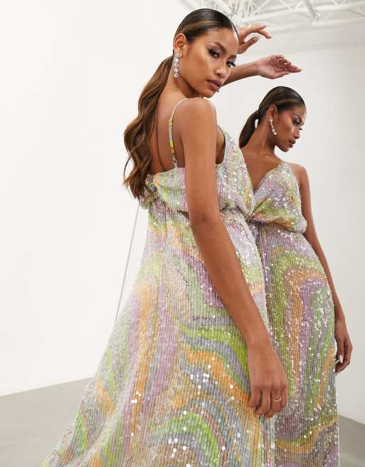 ASOS EDITION Robe mi longue torsad e devant bretelles avec sequins et imprim pastel