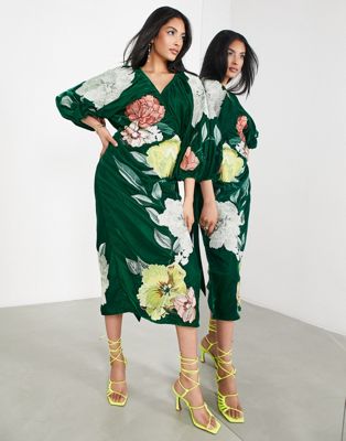 ASOS EDITION velvet wrap midi dress in large bloom floral embroidery in green - ASOS Price Checker