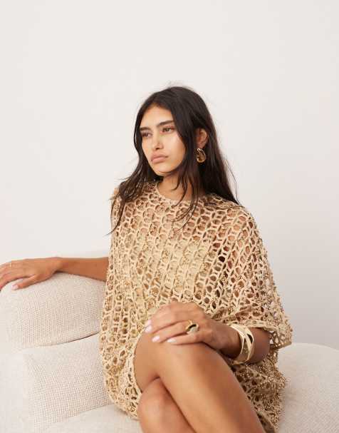 ASOS EDITION - Robe t-shirt courte oversize en maille au crochet à clous - Doré - view 1