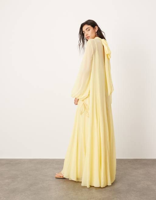 ASOS EDITION - Robe trapèze longue à appliqués fleuries avec manches blousantes et col noué - Jaune doux, 3 de 4