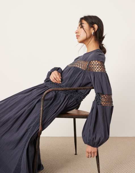 ASOS EDITION - Robe trapèze longue à manches bouffantes et taille basse avec détails crochetés - Anthracite - view 1