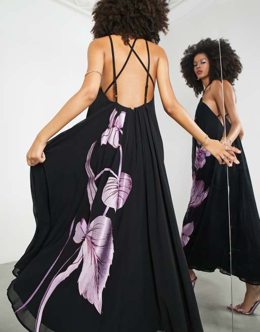 ASOS EDITION Robe trapeze mi longue a dos nu avec tulipes brodees Noir