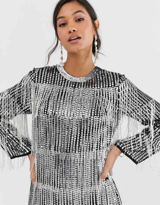 ASOS EDITION Robe tunique mi longue franges et sequins