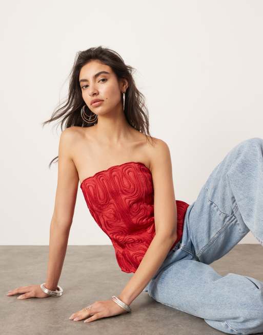 ASOS EDITION – Röd strukturerad bandeautopp med cornellibroderier