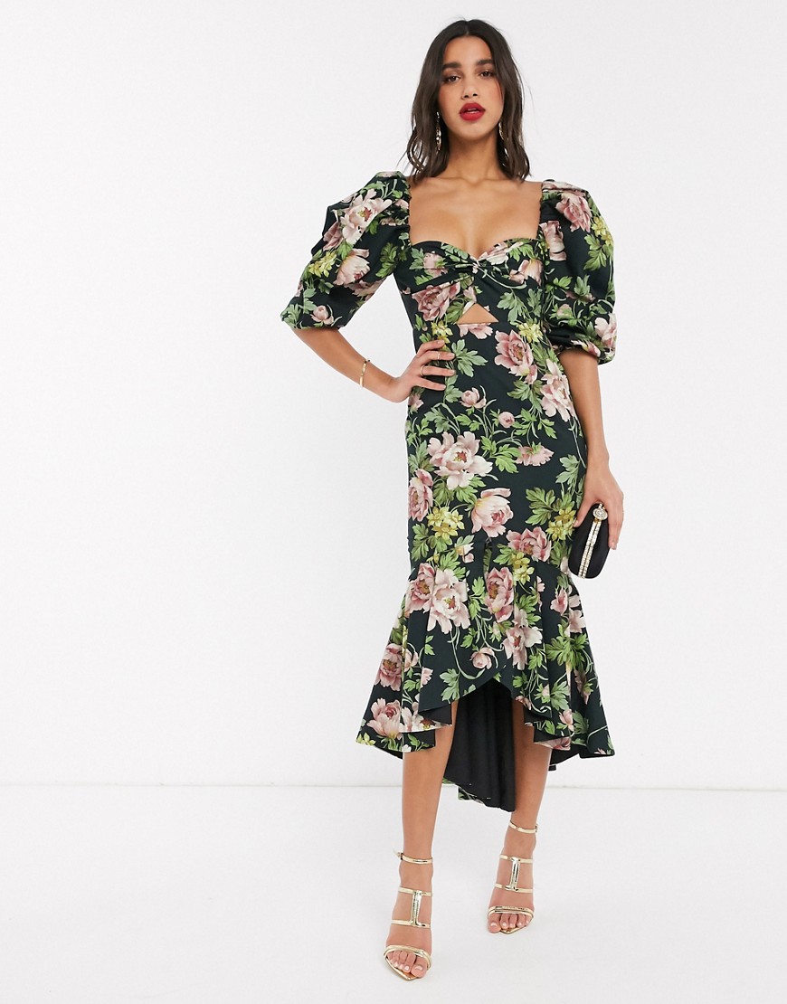 ASOS EDITION – Romantiskt blommig milkmaid-klänning med puffärm-Flerfärgad