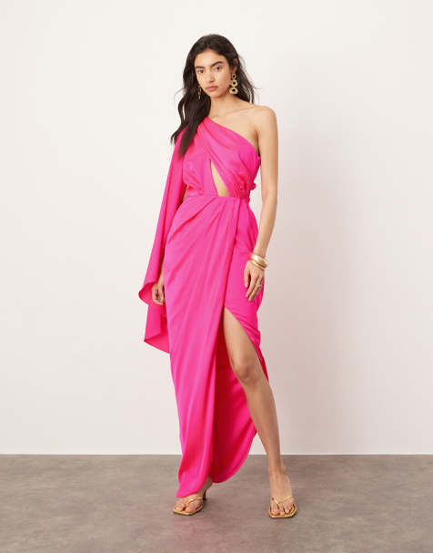 ASOS EDITION – Rosa maxiklänning i satin med en bar axel, utsvängd ärm och ryschad midja - view 1