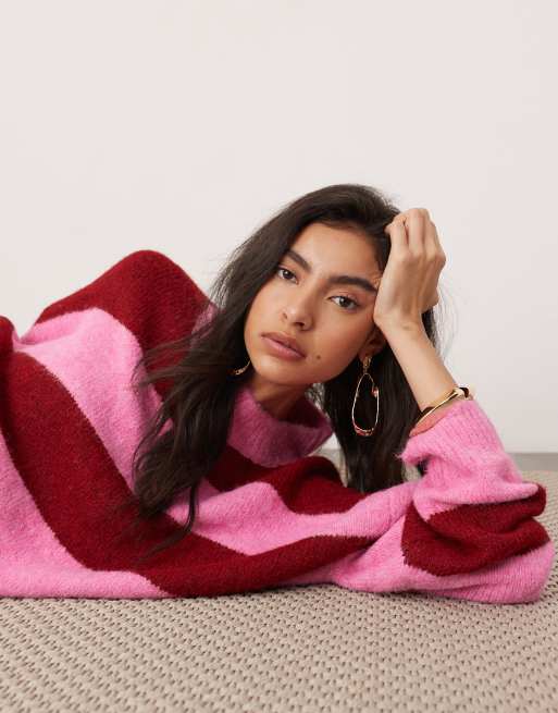 ASOS EDITION – Rosa- och rödrandig, stickad tröja i oversize med rund halsringning, 2 av 4
