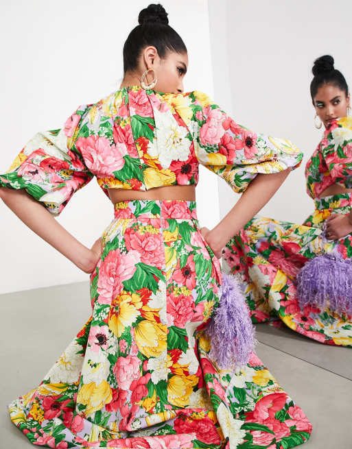 ASOS EDITION – Rosablommig midiklänning med puffärmar och utskuren detalj baktill , 4 av 4