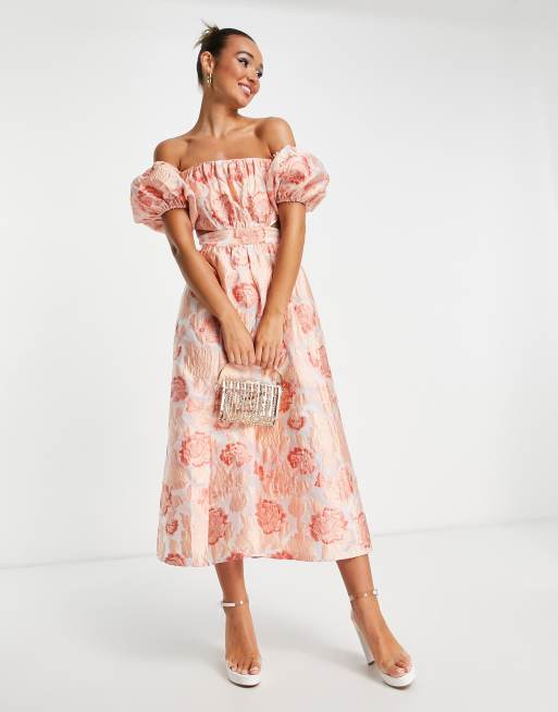 ASOS Edition – Różowa sukienka midi z bufkami w żakardowy kwiatowy wzór