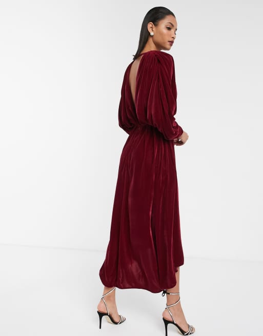 ASOS Asos Design Maternity Batwing Sleeve Velvet Midi Dress in Red