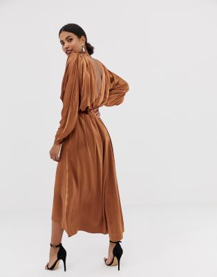 asos edition ruched batwing midi dress in satin