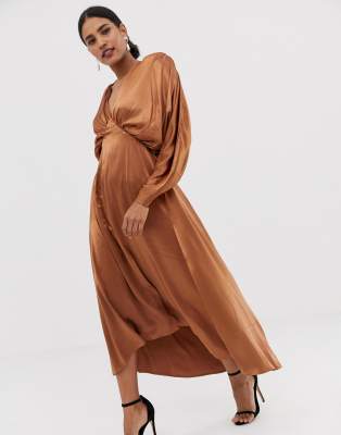 asos edition ruched batwing midi dress in satin