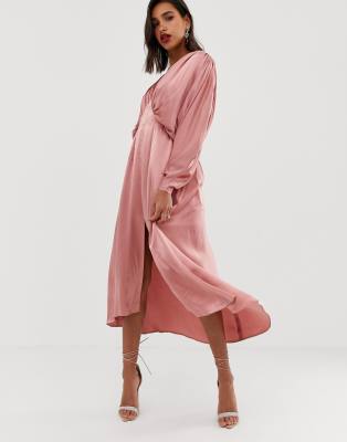 asos edition ruched batwing midi dress in satin